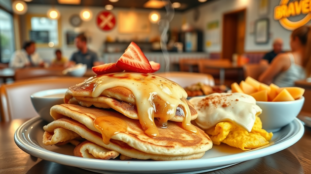 Bright platter of scratch made breakfast foods in welcoming diner setting