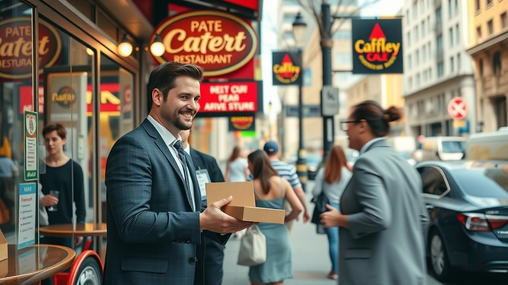 Downtown takeout options with professional picking up food curbside