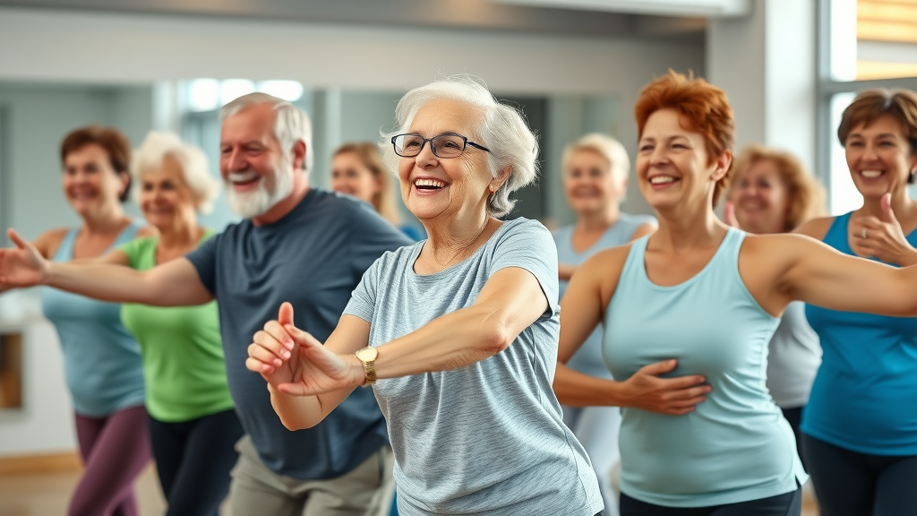 seniors in Raleigh group fitness class in modern apartment wellness center