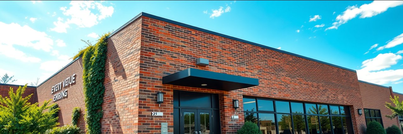 Brick event venue exterior with canopy and green ivy, private party packages