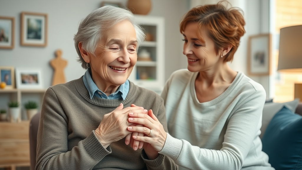 elderly care Raleigh NC - elderly woman with supportive caregiver, cozy home, family photos, genuine warmth