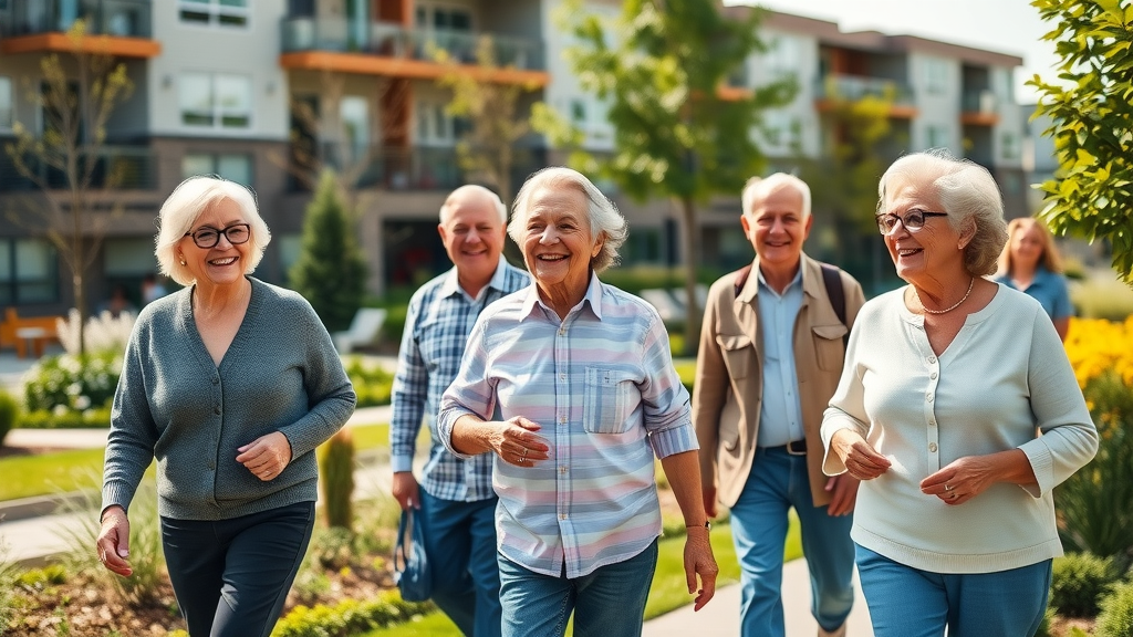 Affordable Senior Housing Raleigh, modern senior community exterior, smiling seniors gathering outdoors, lush landscaped gardens, apartment buildings, inviting atmosphere, natural sunlight