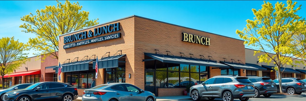 Brunch and lunch variety restaurant exterior with omelettes and waffles signs