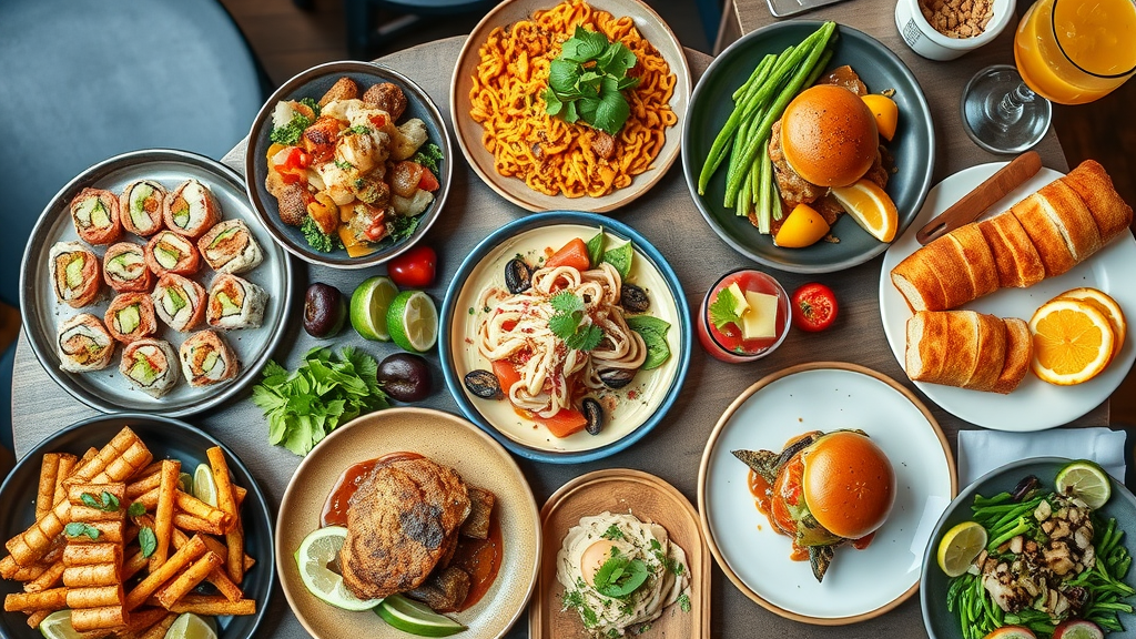 Diverse Raleigh culinary scene dishes beautifully presented in a vibrant food hall