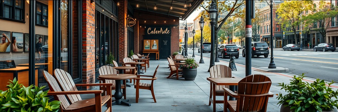 Inviting southern cuisine Raleigh restaurant patio with wood chairs and urban street view.