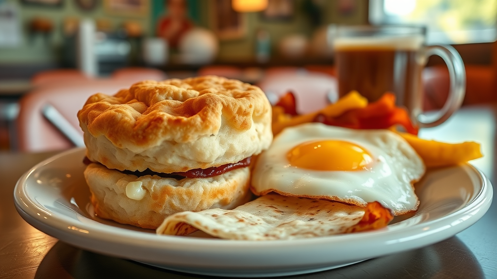 Southern hospitality dining breakfast plate with biscuit, eggs, bacon, and coffee.