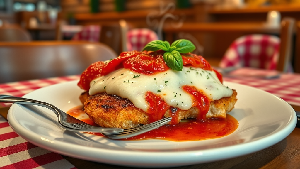 Golden chicken parmesan dish with mozzarella and marinara in cozy Italian restaurant