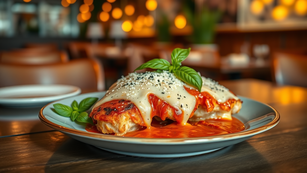 Elegant chicken parmesan plated with basil garnish on rustic wooden table