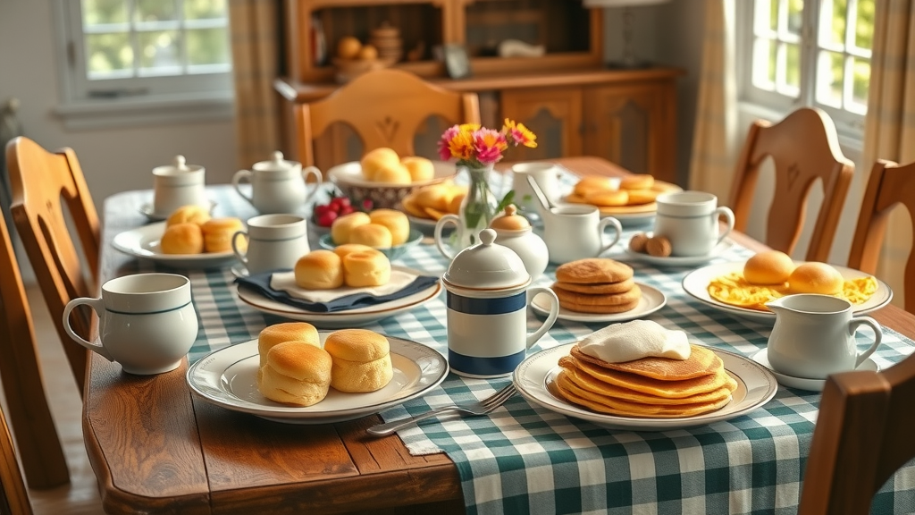 Southern hospitality dining spread with biscuits, pancakes, and coffee in a sunny home.