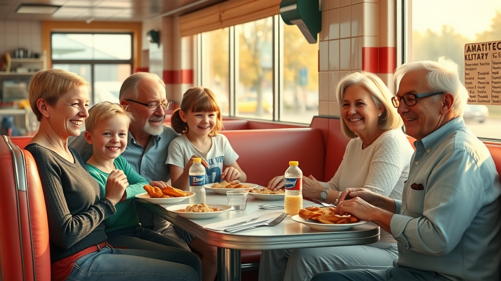 Multi-generational family savoring scratch made meals in sunny diner booth