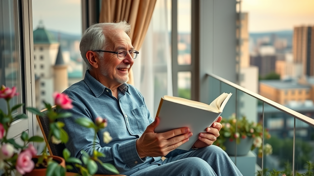 relaxed senior reading on Raleigh apartment balcony enjoying independent living