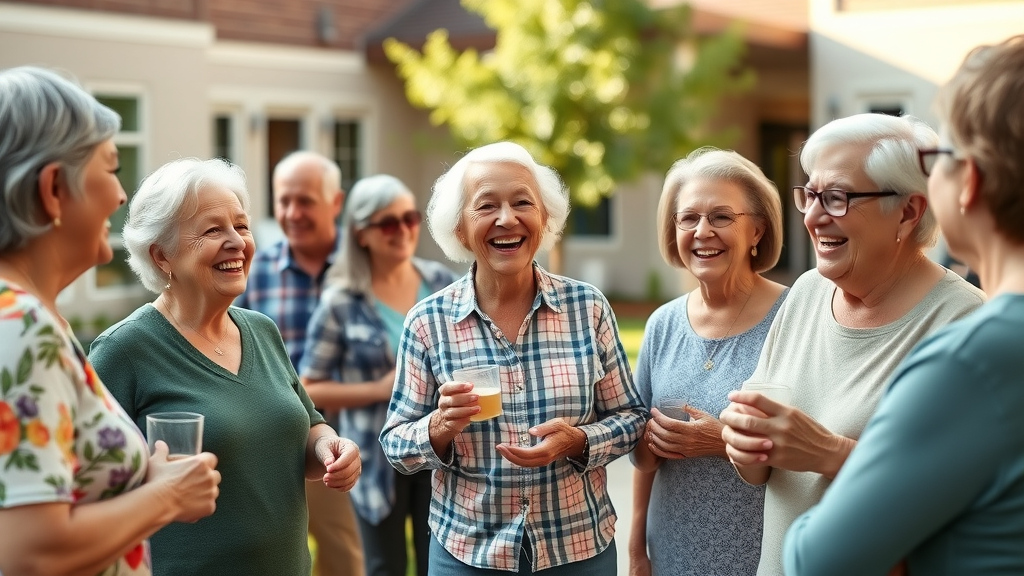 welcoming senior community engaging in social activities, independent living for seniors Raleigh, bright courtyard
