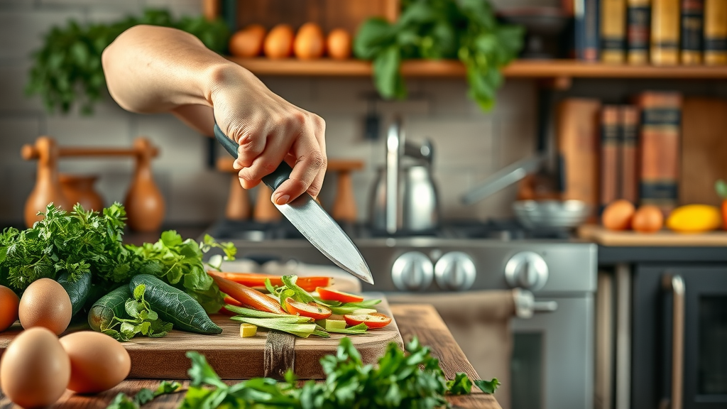 Chef preparing scratch made meals with fresh vegetables in rustic kitchen