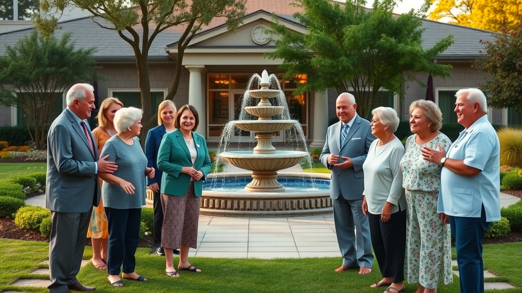 Falls River assisted living Raleigh facility exterior with smiling staff and elderly residents amid landscaped grounds at sunset