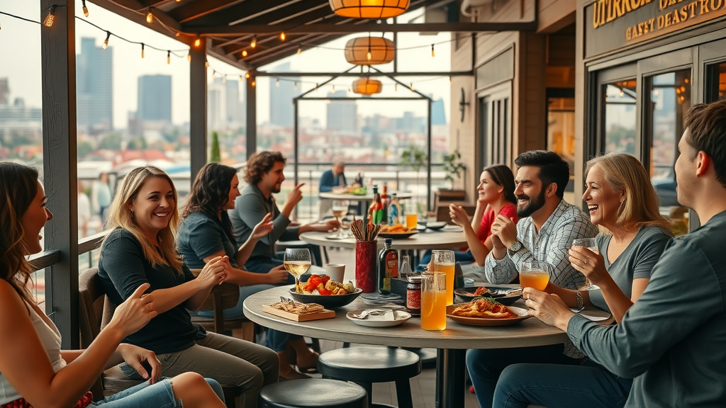 Friends enjoying new Southern style cuisine outdoors at lively Raleigh restaurant patio.