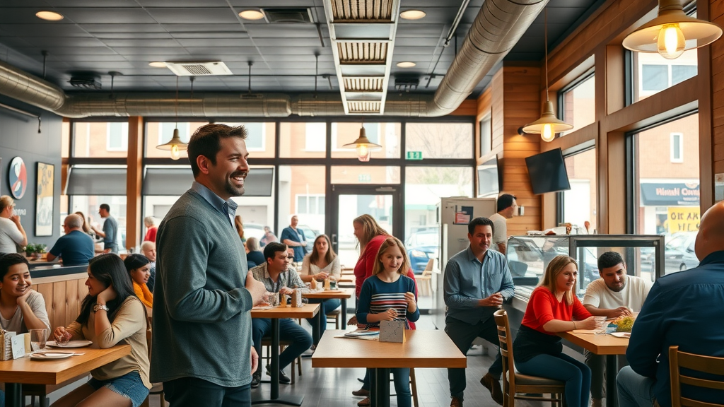 Family choosing dine-in takeout options at welcoming restaurant entrance