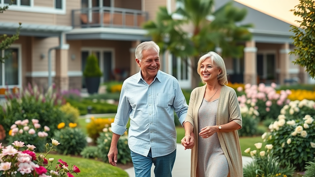 modern independent living architecture, senior couple walking hand-in-hand in a beautiful garden, independent living for seniors Raleigh