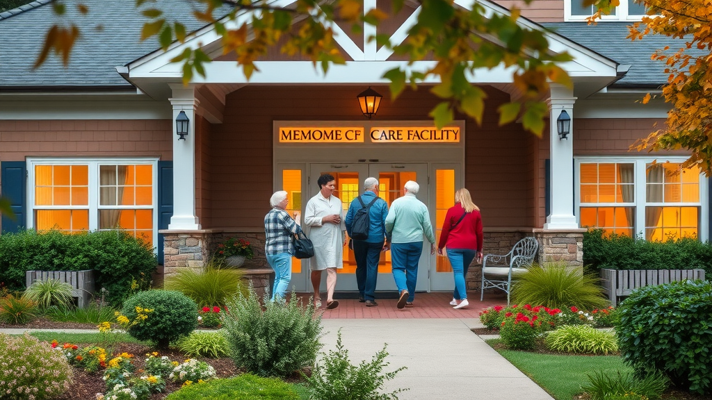 Inviting memory care facility exterior in Raleigh with lush gardens, well-maintained landscape, and welcoming families