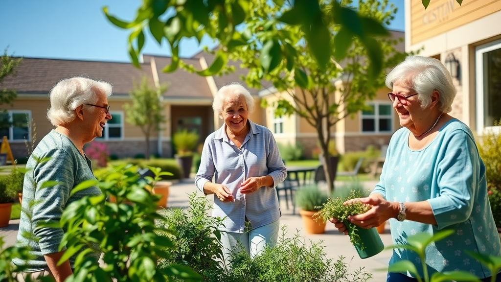inviting senior living community courtyard with happy, active older adults enjoying Raleigh NC lifestyle