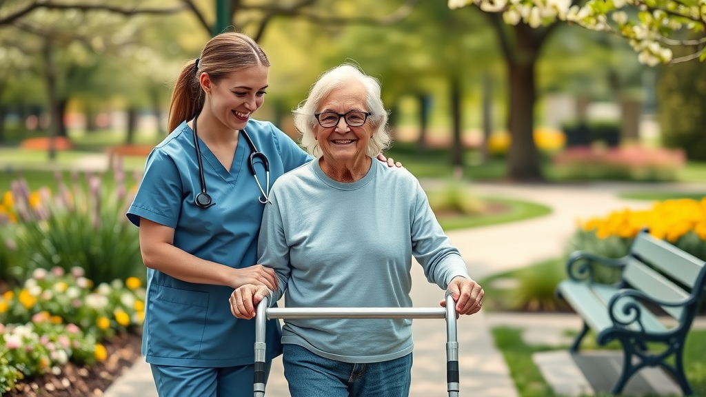 senior care services Raleigh - nurse assisting senior on a spring walk in Raleigh park
