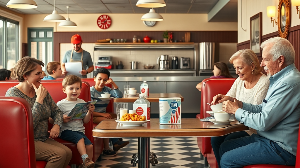 Classic diner scene with families bonding over breakfast, true family-friendly dining