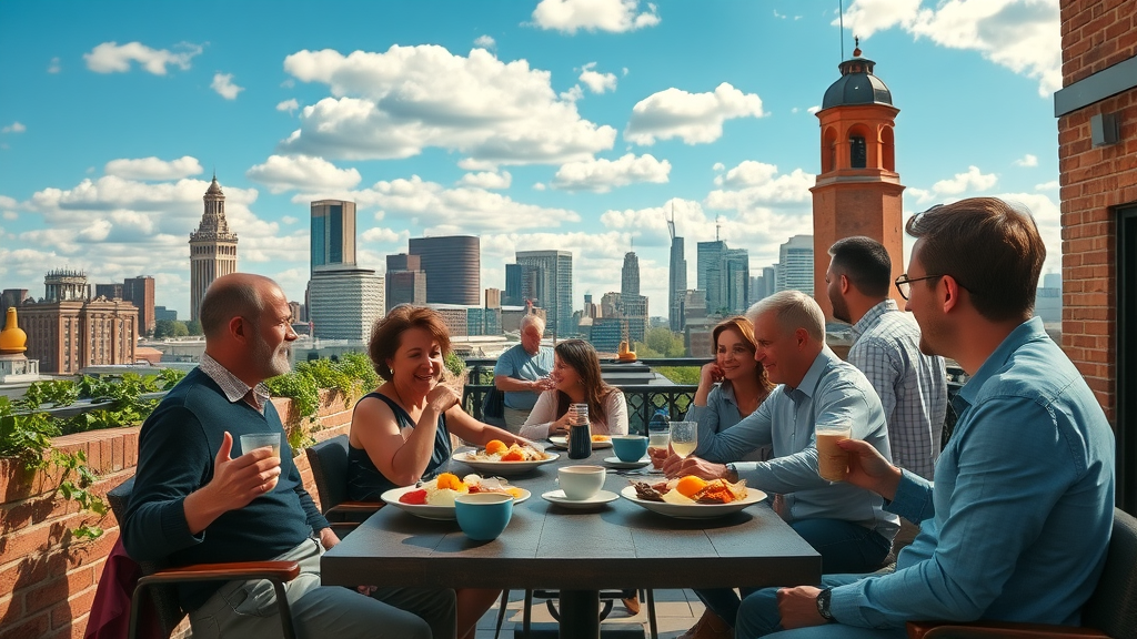 Rooftop brunch with Southern food on a sunny Durham restaurant rooftop bar.