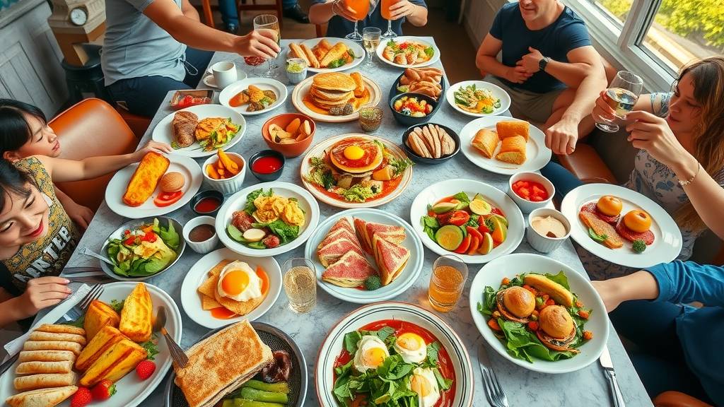 Colorful brunch and lunch variety with omelets, pancakes, sandwiches, and salads, shared in a lively restaurant setting.