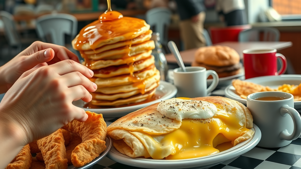Durham breakfast favorites like biscuits and pancakes on a bustling diner table.