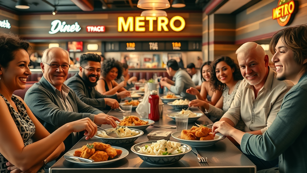 Friends enjoying family style dinners and comfort food at a lively restaurant.