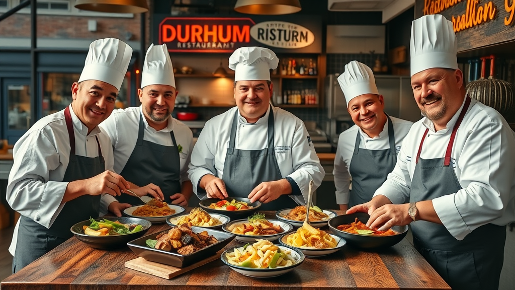 Durham chefs and owners celebrate local restaurant history at rustic table.