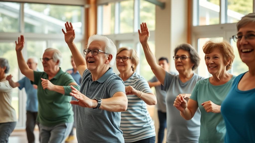 Life plan community in Raleigh NC - active seniors in group fitness at sunlit recreation room