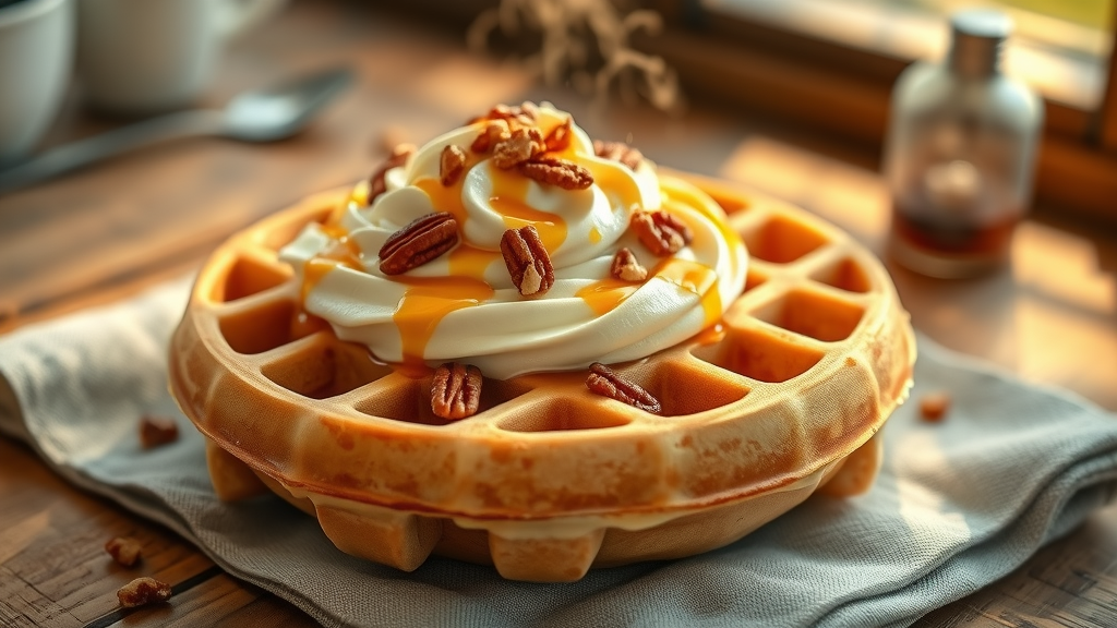 Golden sweet crème shmear on fluffy waffle with honey and pecan, perfect treat.
