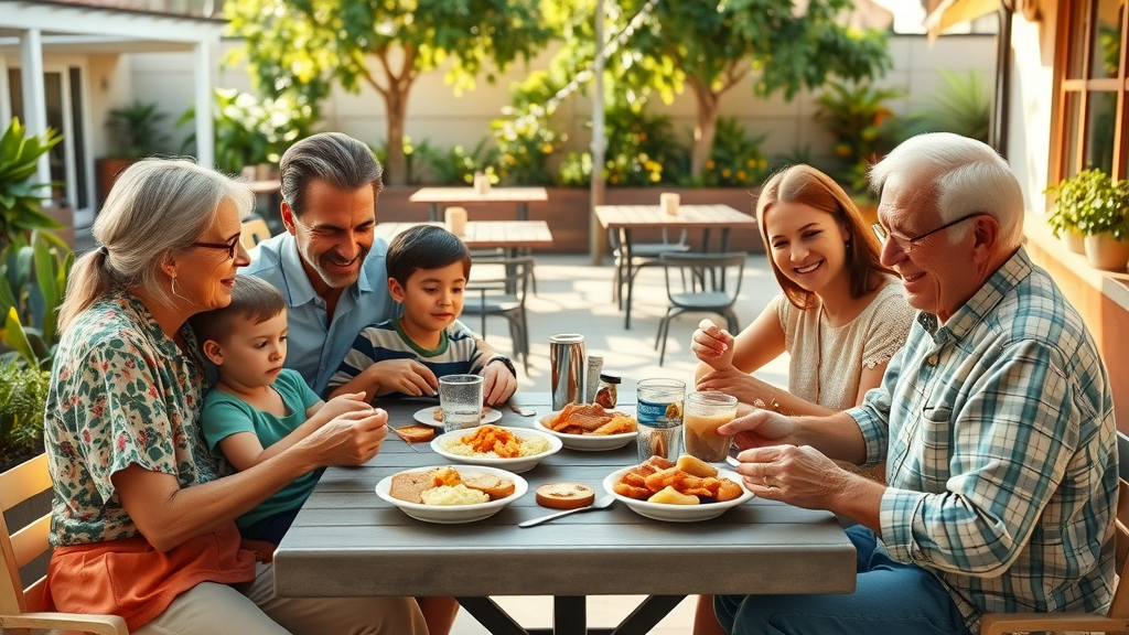 Family dining outdoors with Southern comfort food and family-friendly, pet-friendly vibe