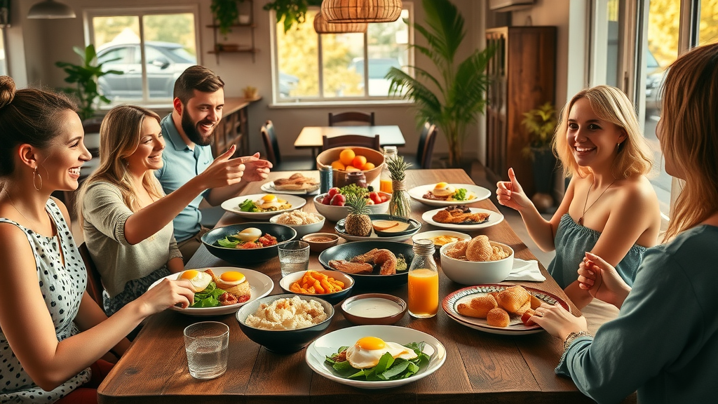Brunch and lunch variety displayed on a rustic table in a sunlit café, friends sharing vibrant dishes.