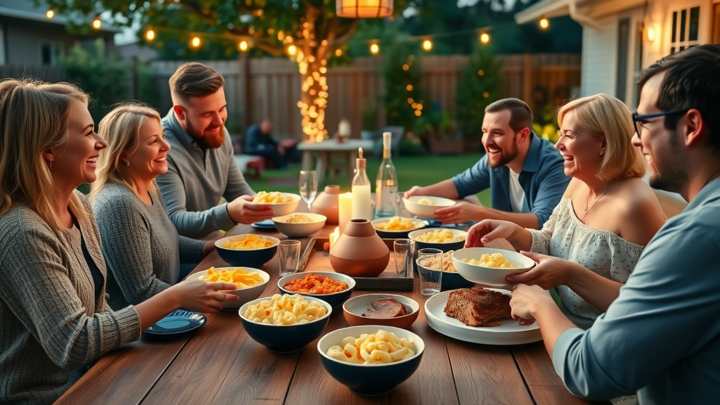 Family style dinner outdoors with comfort food and joyful family gathering.