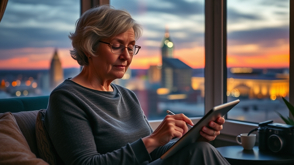thoughtful senior woman filling out a checklist with Raleigh skyline in the background, independent living