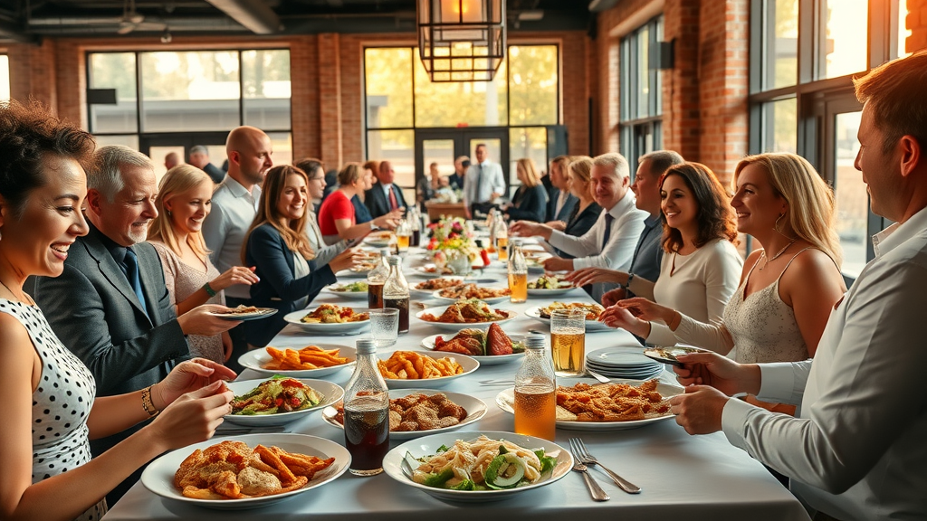 Diverse group enjoying Southern cuisine at Durham catering event
