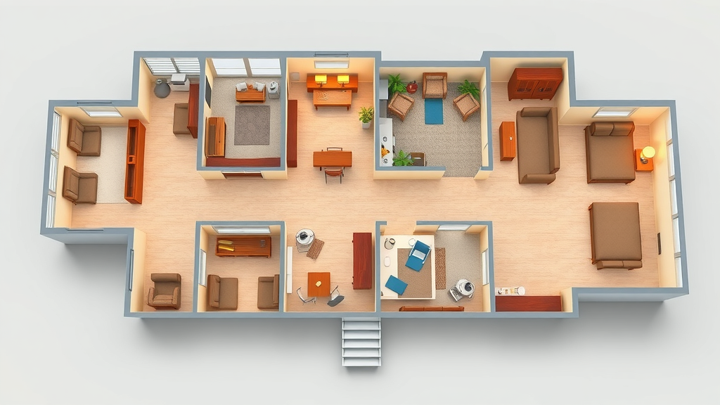 3D floor plan of assisted living Raleigh facility with accessible pathways and modern features for senior residents