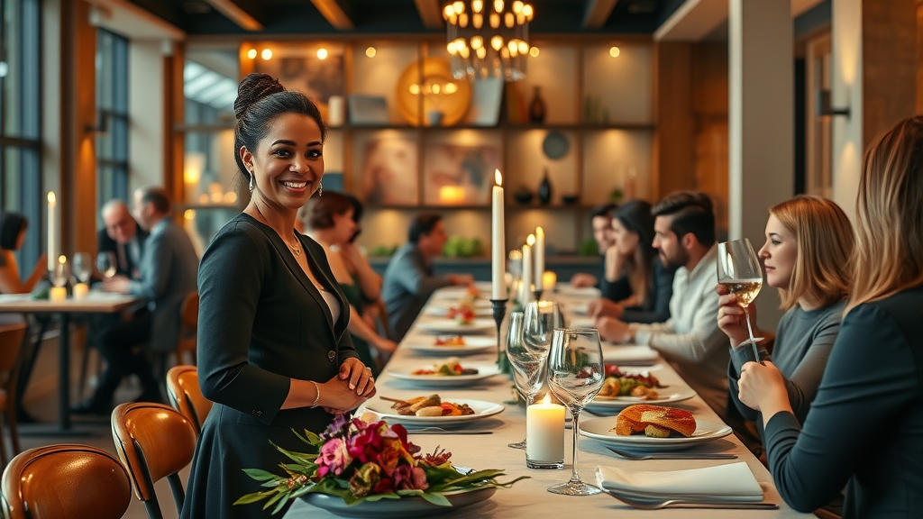 Host greeting guests to exclusive private party package dinner event