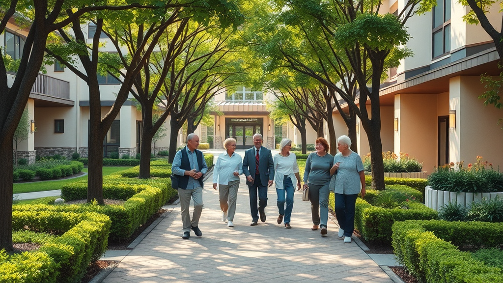 Senior living communities Raleigh NC - inviting entrance with residents chatting on a tree-lined walkway