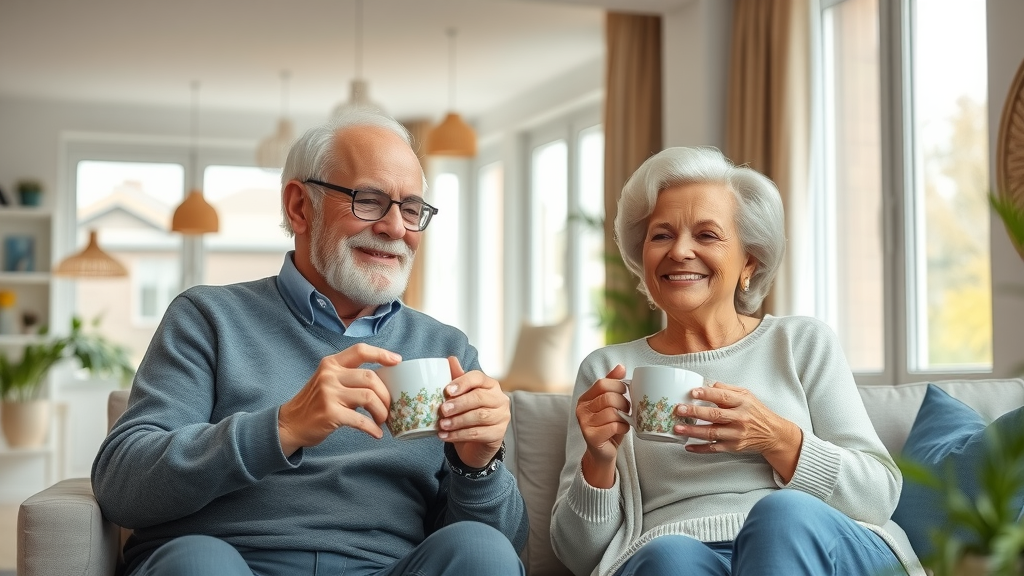 Comfortable modern assisted living Raleigh senior apartment interior, cheerful elderly couple enjoying tea in a bright, accessible space