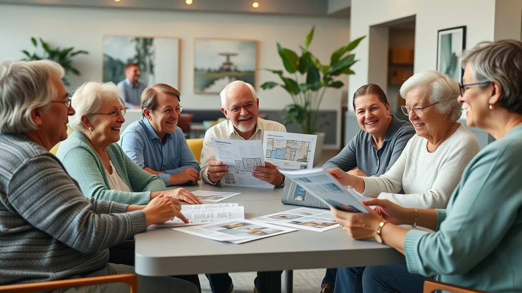 diverse group of seniors reviewing brochures and floor plans at Raleigh independent living community