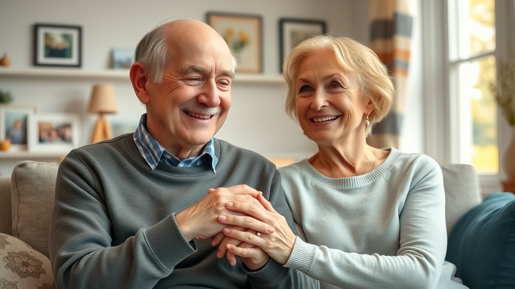 senior care services Raleigh - elderly couple holding hands in a cozy living room, sharing a warm connection