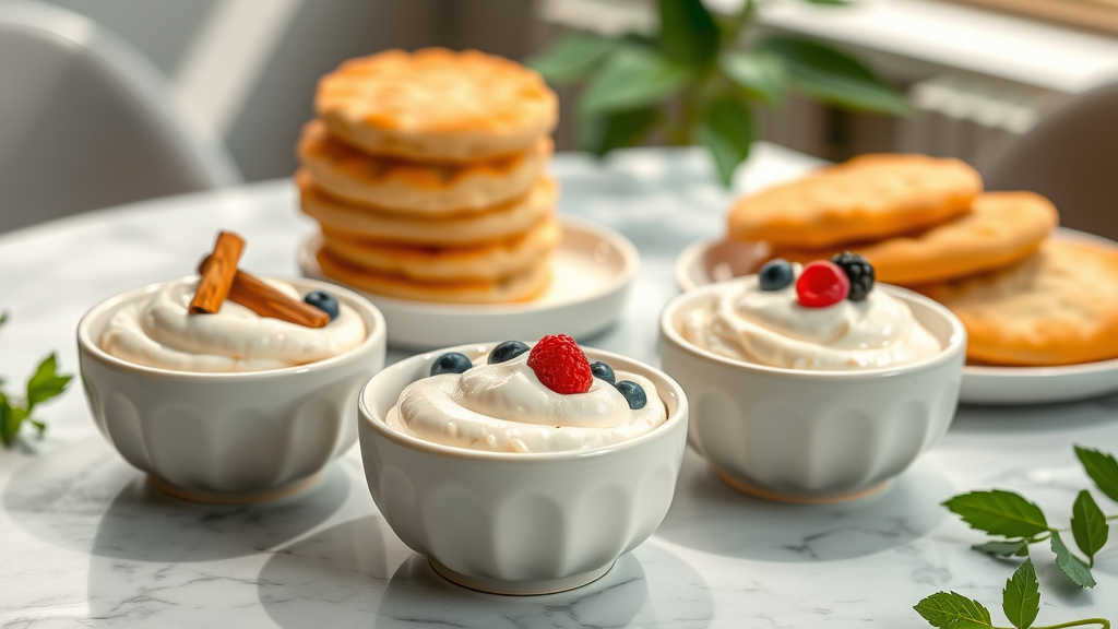 Trio of flavored sweet crème shmears with biscuits at a bright brunch table.