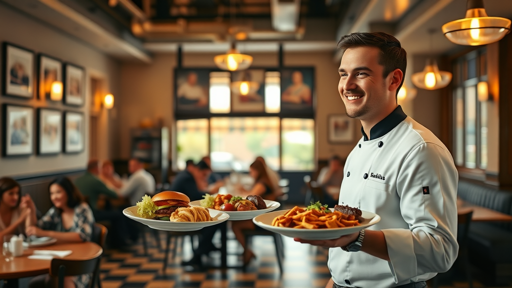 Chef serving southern-inspired meals in cozy restaurant interior