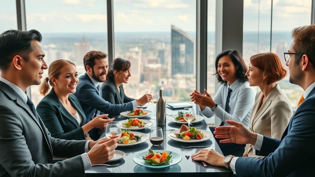 Business group enjoying private party package in stylish dining venue