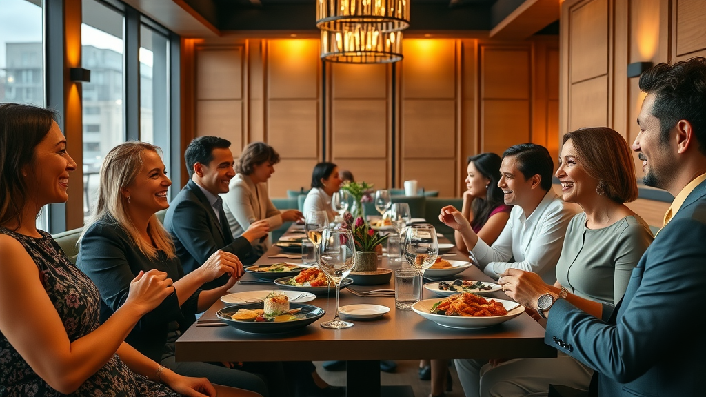 Elegant group enjoying private party packages in upscale dining room