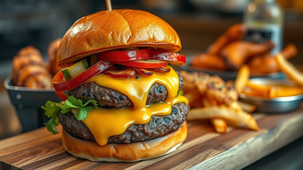 Delicious gourmet burger stacked with creative toppings and crispy sides