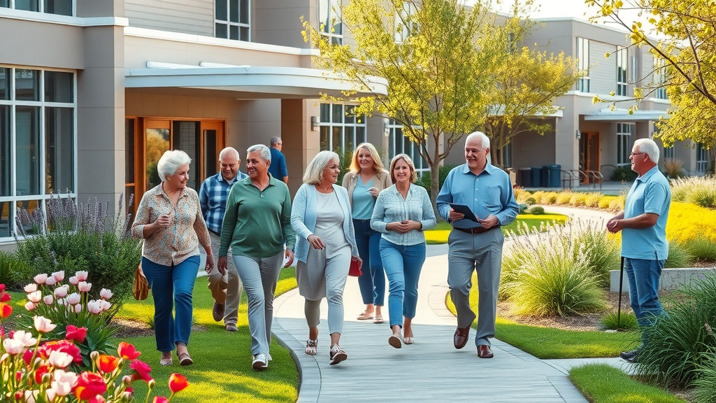 modern senior living campus exterior in Raleigh NC with seniors and welcoming staff