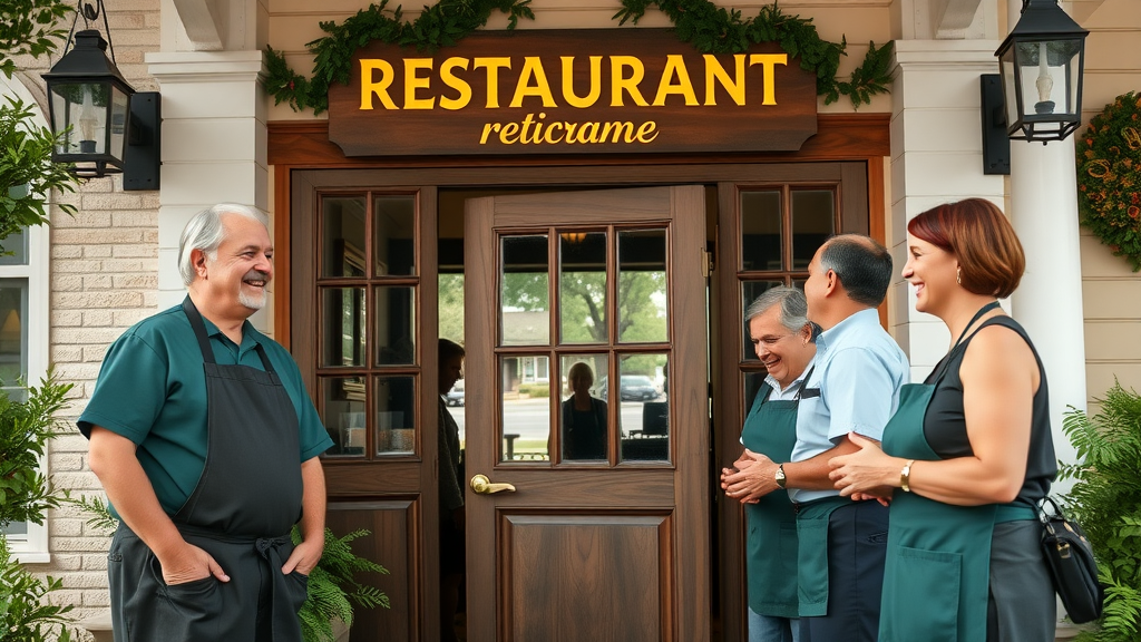 Southern hospitality dining with friendly staff at restaurant entrance welcoming guests.